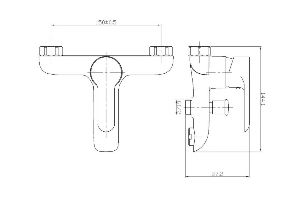 Kramer® King Chrome wall-mounted bath and shower mixer technical drawing