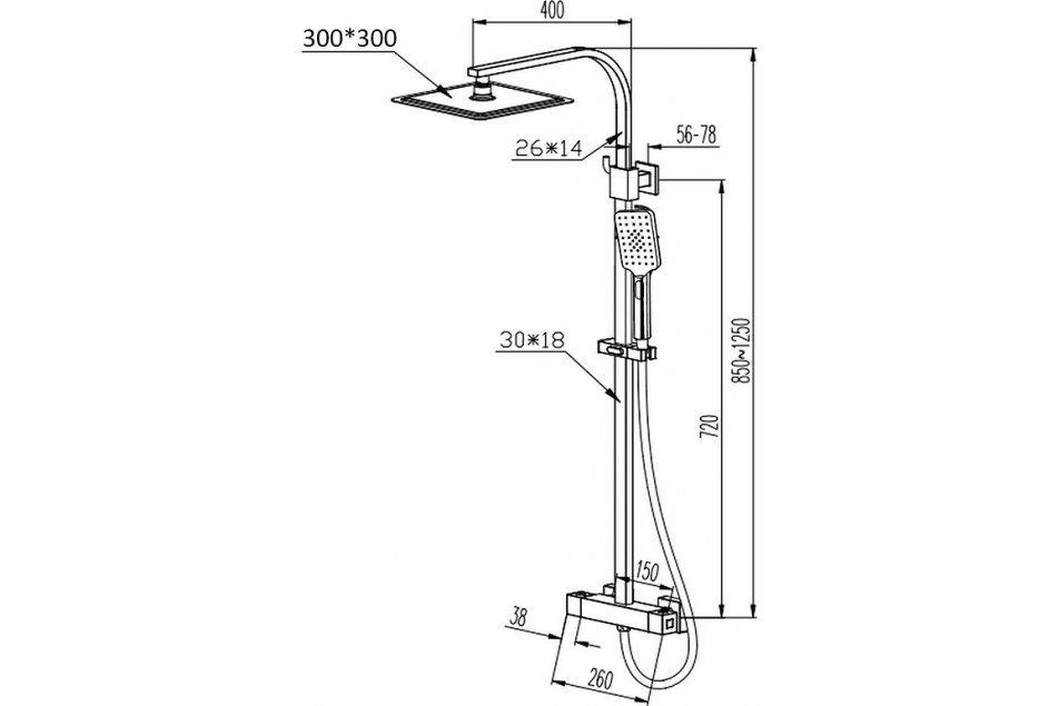 Technical drawing for Kramer® Gossip CHROME thermostatic shower column with 3 jets