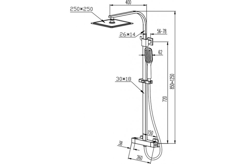Technical drawing for Gossip Matte Black shower column Kramer® thermostatic column