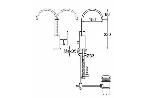 Technical drawing for Kramer® Gossip CHROME single-hole mixer with round spout