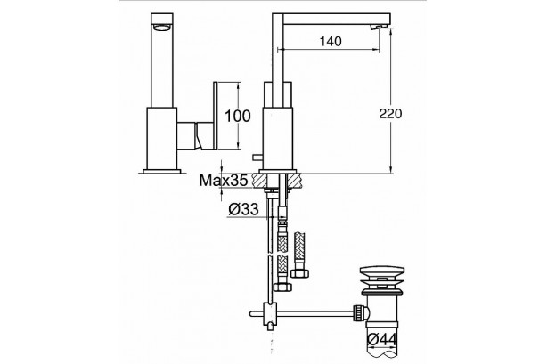 Technical drawing of Kramer® Gossip L spout single-hole CHROME mixer