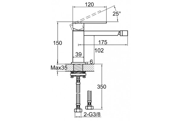 Technical drawing for Kramer® Gossip Matte Black single-hole bidet mixer