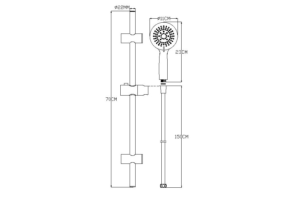 Technical drawing for Combined Railing Matte Black Colors Barre PVC Shower Kramer® Hand Shower