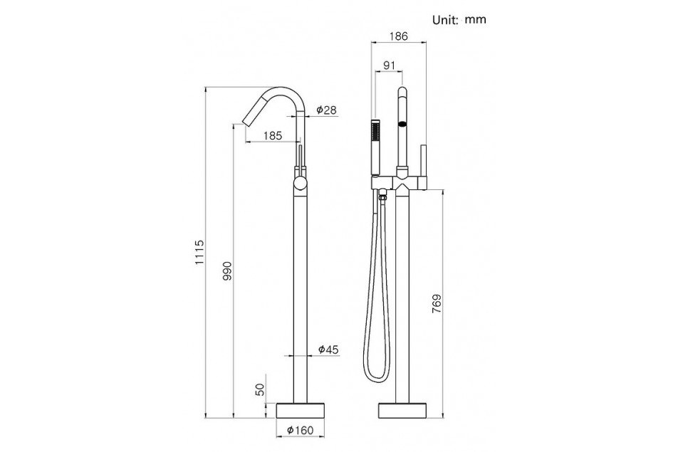 Technical drawing of Kramer® CHROME Colors mechanical pedestal bath mixer