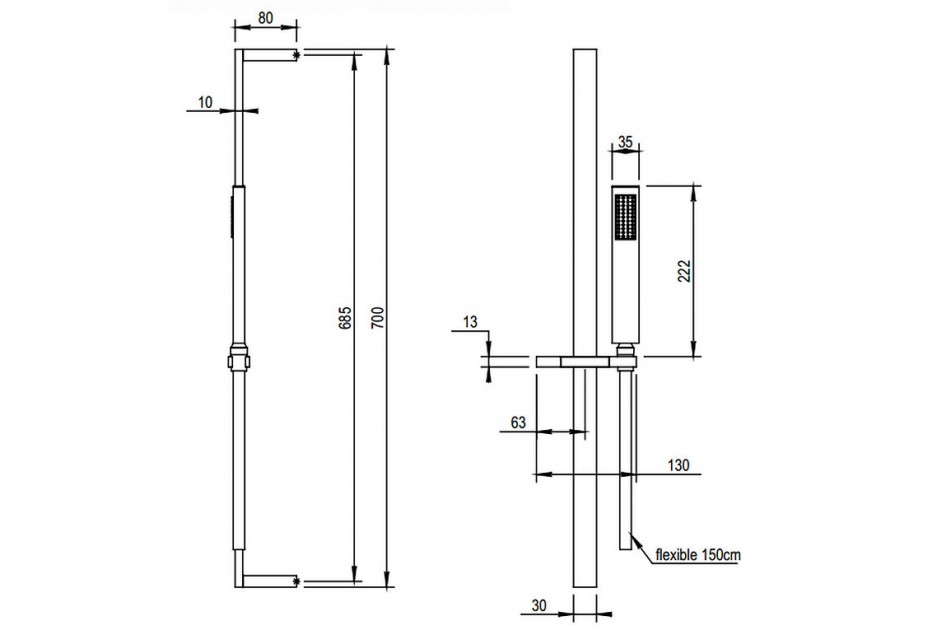 Technical drawing for EDGE matte black handrail bar, hand shower, PVC, Kramer