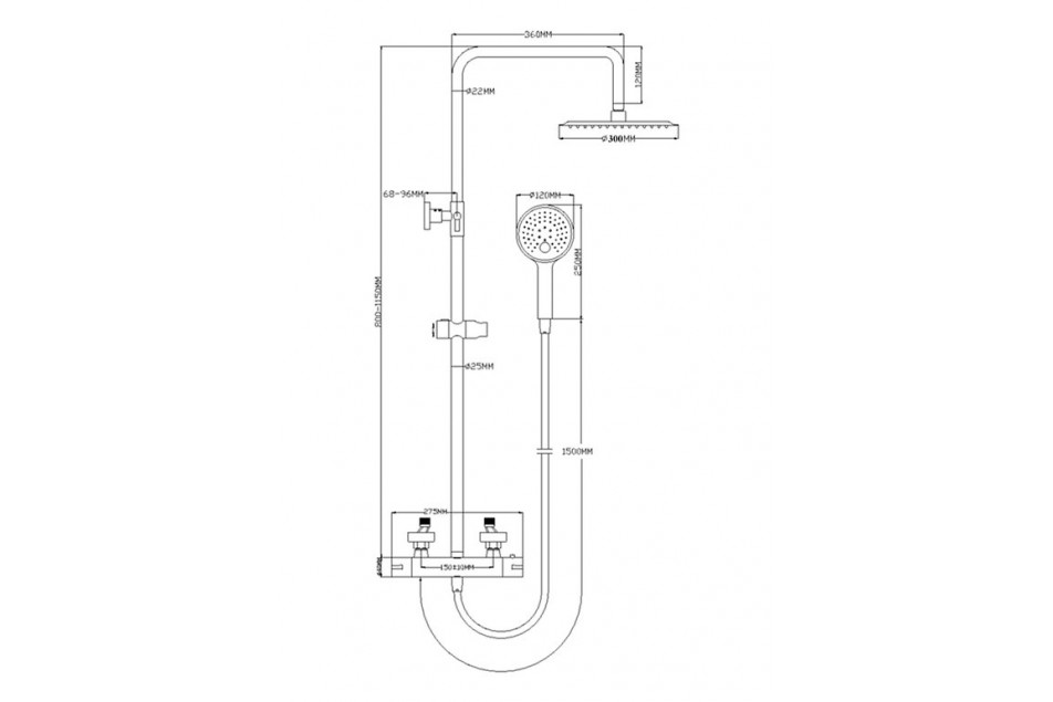 Technical drawing for Kramer® LIFESTYLE thermostatic shower column in matt black