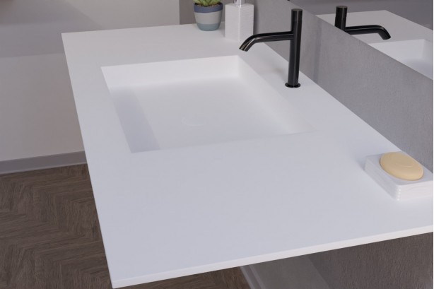 Plan Vasque Corian® GIBRALTAR Blanc sur meuble vue de côté