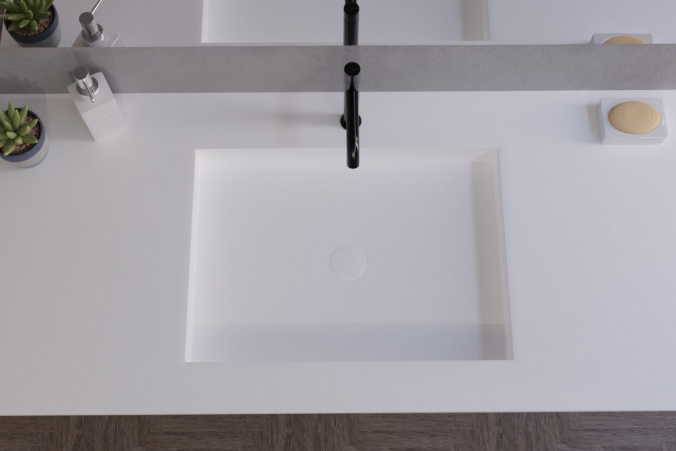 Plan Vasque Corian® GIBRALTAR Blanc sur meuble vue de dessus