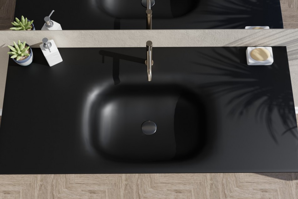 Corian® ISLAND single washbasin black vanity unit top view