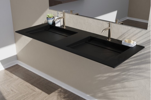 Black double washbasin Krion® XL HOUAT on cabinet side view