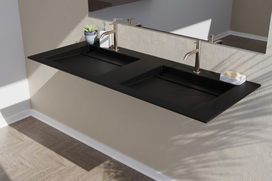 Black double washbasin Krion® XL HOUAT on cabinet side view