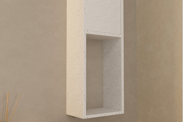 Bright rock solid surface wall column KRION® 1 door 3 shelves front view