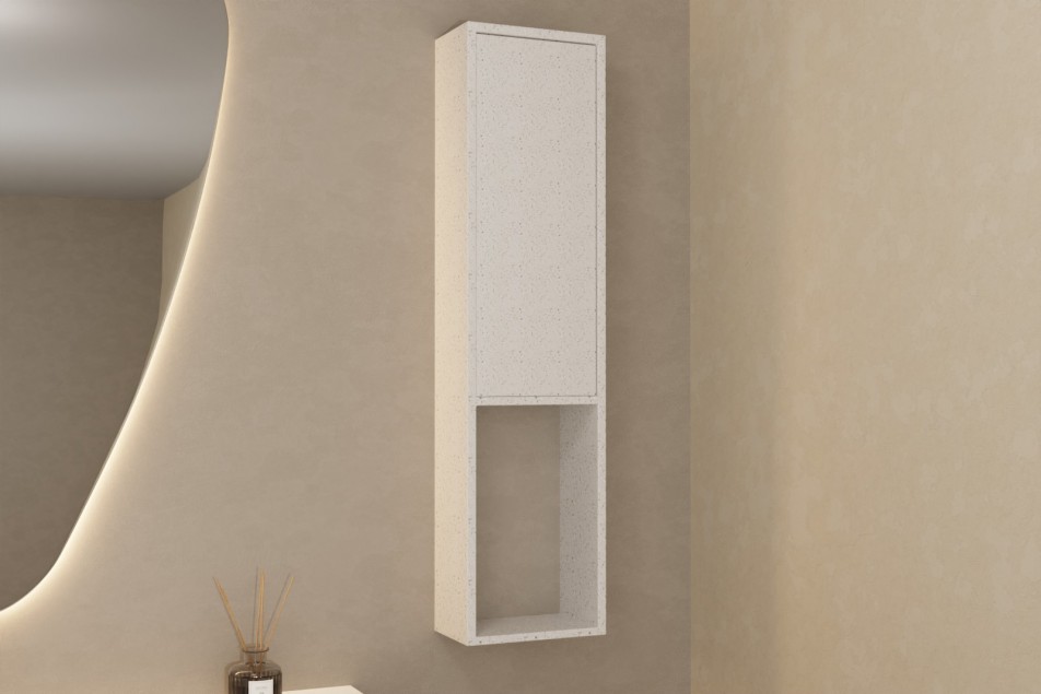 Bright rock solid surface wall column KRION® 1 door 3 shelves side view