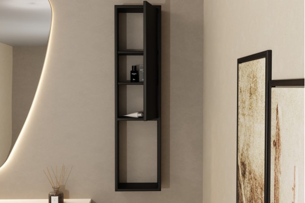 Black KRION® solid surface wall column 1 door 3 shelves front view open door