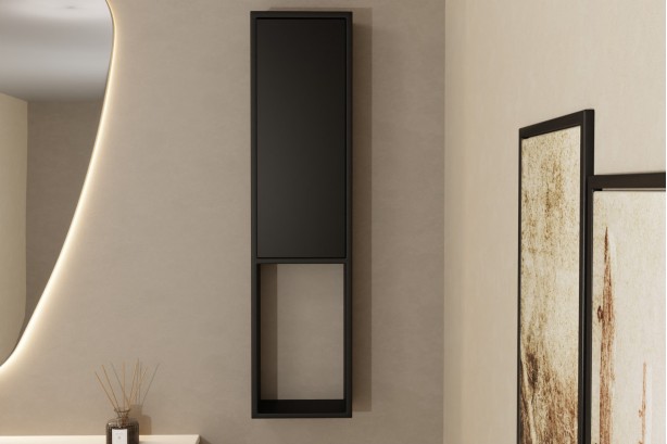 Black KRION® solid surface wall column 1 door 3 shelves front view open door