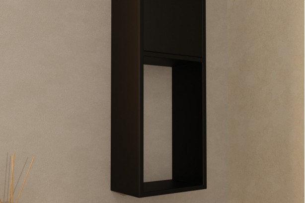 Black KRION® solid surface wall column 1 door 3 shelves side view of the niche