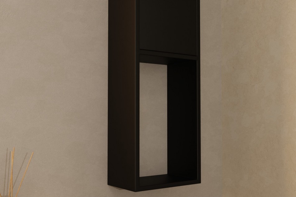 Black KRION® solid surface wall column 1 door 3 shelves side view of the niche