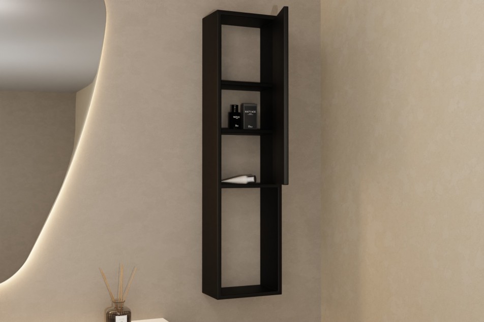Black KRION® solid surface wall column 1 door 3 shelves side view open door