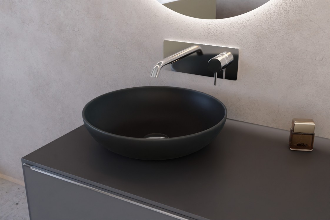 IZENA Black solid surface basin, side view