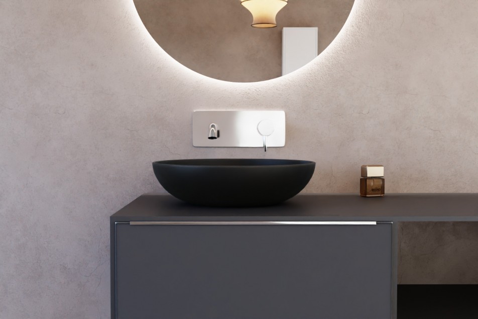 IZENA Black solid surface basin, front view