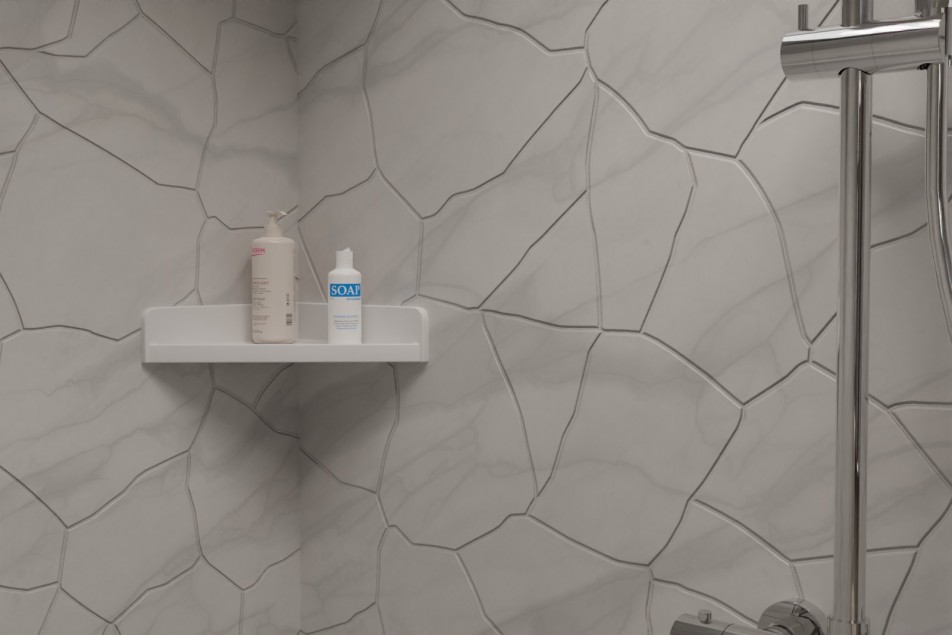 Shelf Corner soap holder AKA white matt solid surface front view distant
