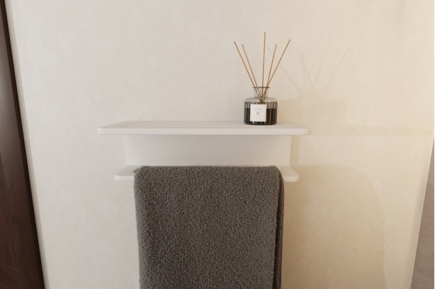 Towel rail AKA matt white solid surface front view with towel