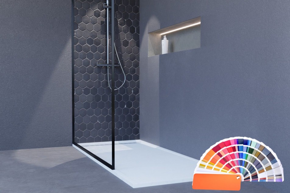 YAKU Mineralsolid® side view shower tray 1600x700mm, choice of RAL to measure