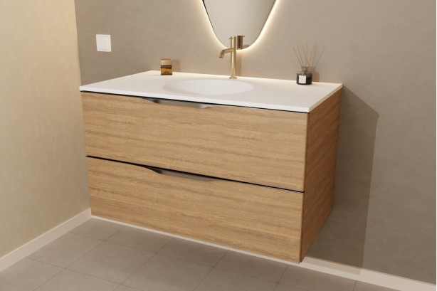 MOOREA single washbasin unit in Krion® Oak finish Halifax front view