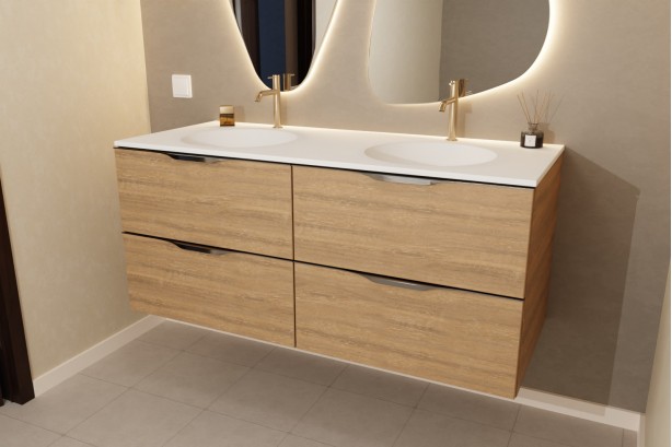 MOOREA double washbasin unit in Krion® Oak finish Halifax front view