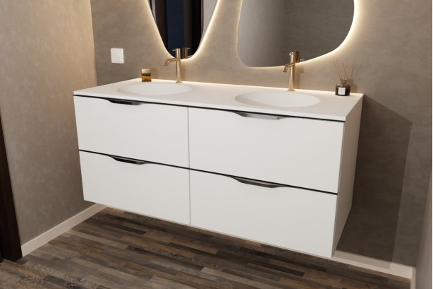 MOOREA double washbasin unit in Krion® Polar White side view
