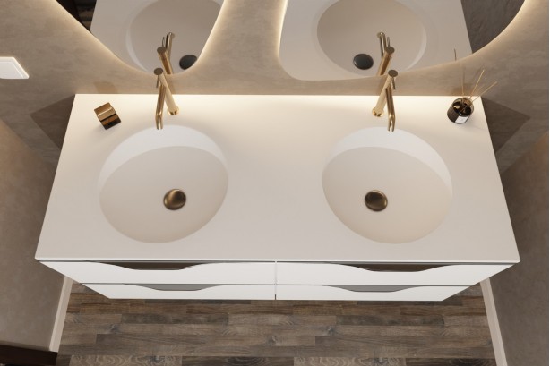 MOOREA double washbasin unit in Krion® Polar White top view
