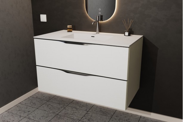 CHANCEL single washbasin unit in Krion® Polar White side view