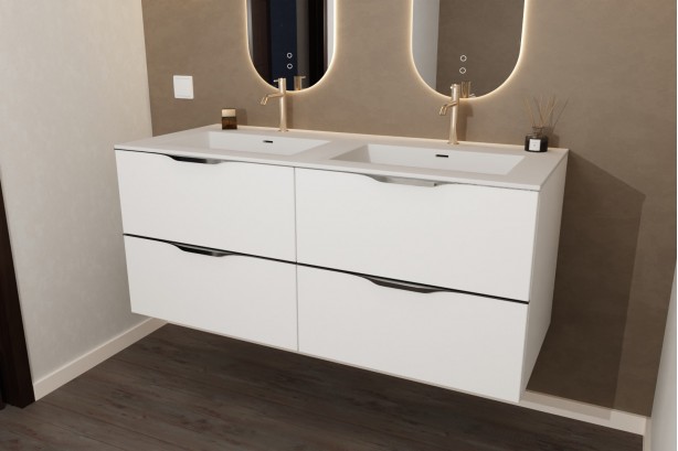 Polar white 1200 CHANCEL Krion® double washbasin unit front view