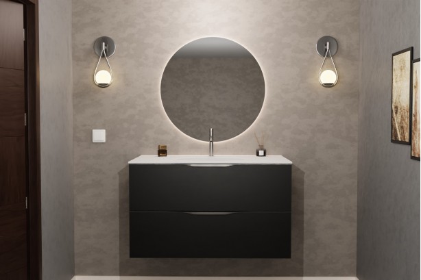 Meuble simple vasque encastrée TAHAA en Krion® coloris noir vue de face