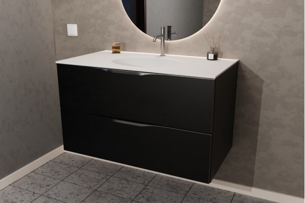 Meuble simple vasque encastrée TAHAA en Krion® coloris noir vue de côté