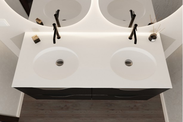 TAHAA double washbasin unit in Krion® colour black top view
