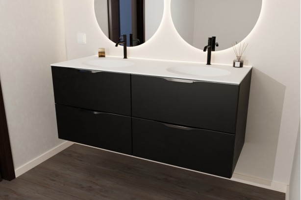 TAHAA double washbasin unit in Krion® colour black front view