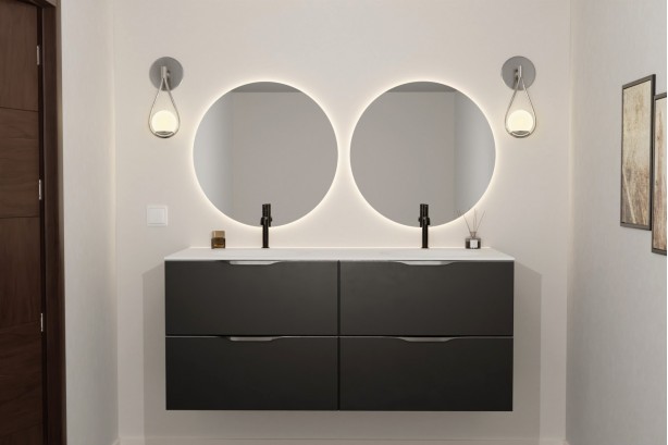 TAHAA double washbasin unit in Krion® colour black front view
