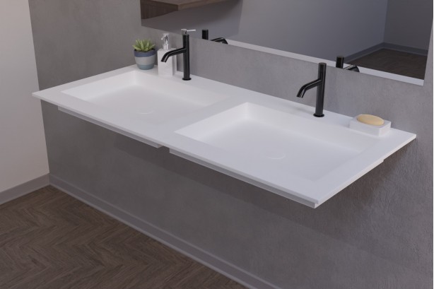 Double vasque Corian® GIBRALTAR blanc sur meuble vue de côté