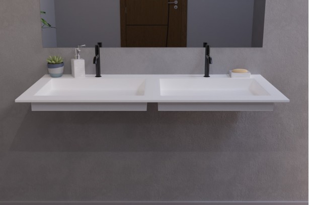 White Corian® GIBRALTAR double washbasin on vanity unit front view