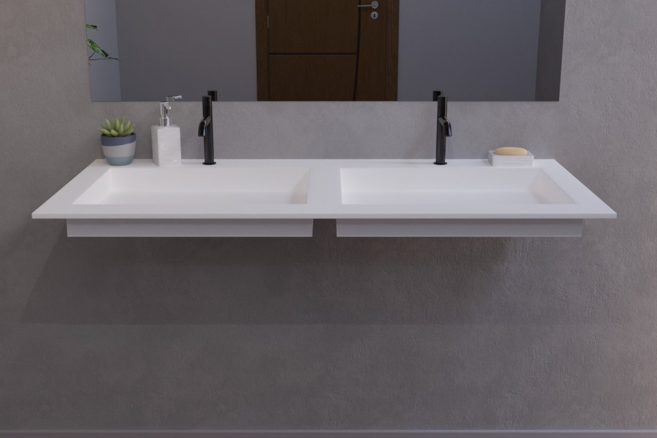 White Corian® GIBRALTAR double washbasin on vanity unit front view