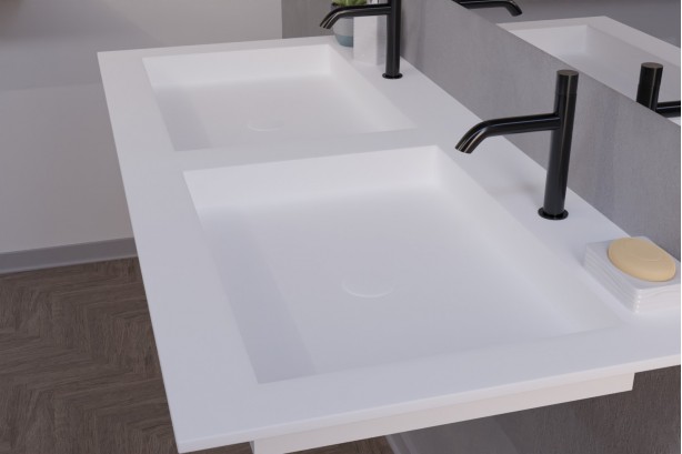 Double vasque Corian® GIBRALTAR blanc sur meuble vue de côté