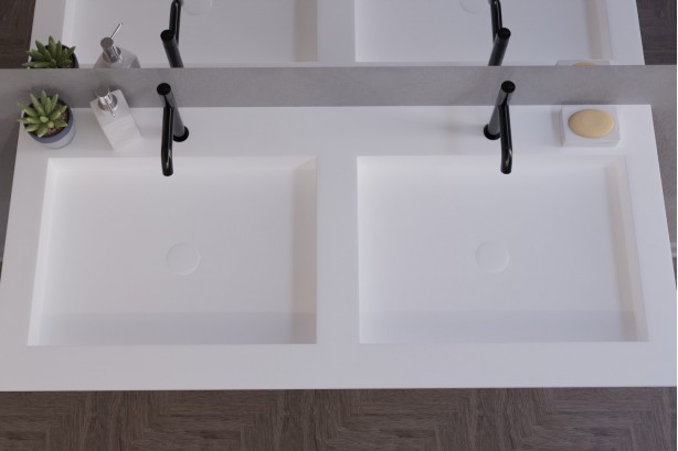 Double vasque Corian® GIBRALTAR blanc sur meuble vue de dessus