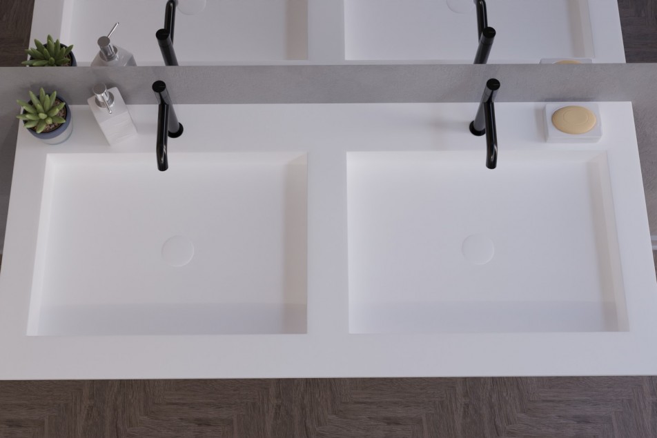 White Corian® GIBRALTAR double washbasin on vanity unit top view