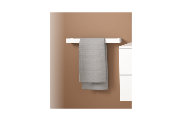 KRION® solid surface towel rail seen from the side with a towel
