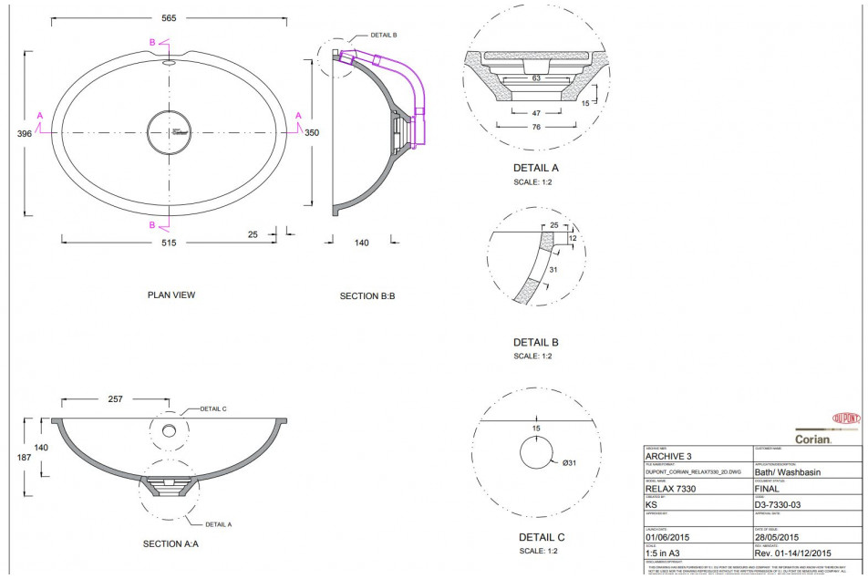 Simple vasque sur plan CAPELOCK en CORIAN® vue technique