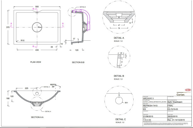 MELVILLE single washbasin in CORIAN® technical view