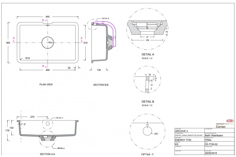 HUMMOCK single washbasin in CORIAN® technical view