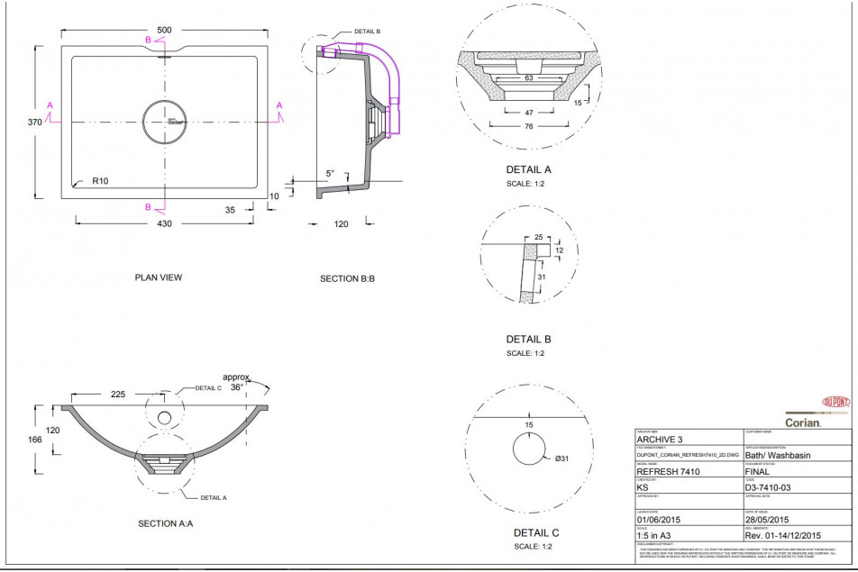 MELVILLE double washbasin in CORIAN® technical view