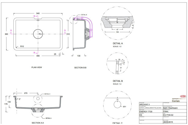 HUMMOCK double washbasin in CORIAN® technical view